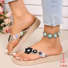 3cm PP Grass Flower Thong Sandals For Women, Flat Heel, Summer Beach Wear, Versatile Flip Flops, Non-Slip - Brown - View 2