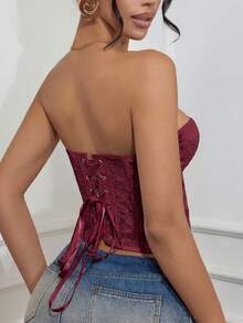Y2K Burgundy Floral Embroidered Cropped Bustier Top, Sheer Mesh Lace-Up Backless, Suitable For Valentine's Day, Rave Festivals, Costume Parties, Masquerade Summer - Burgundy - View 2