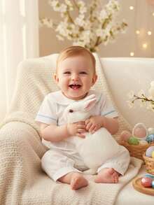 Baby Boy Girl Easter Outfit Doll Collar Cross Embroidery Romper Smocked Ruffle Jumpsuit Summer Baptism Clothes - 白色 - 查看 4