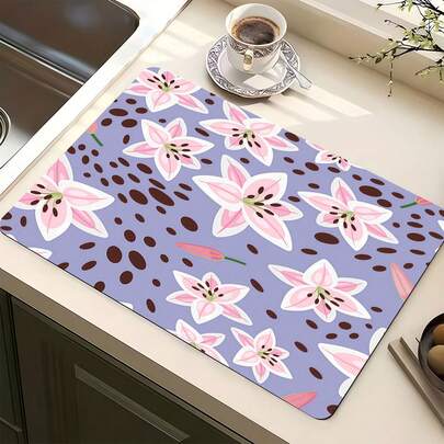 1pc Purple Mist Lavender Pattern Multi-Purpose Absorbent Mat, Polyester Tabletop Protective Pad For Kitchen, Dining Table Decor, Dish Drying, Washing Machine, Coffee Maker, Bathroom Vanity, Kitchen Accessories, Party Supplies