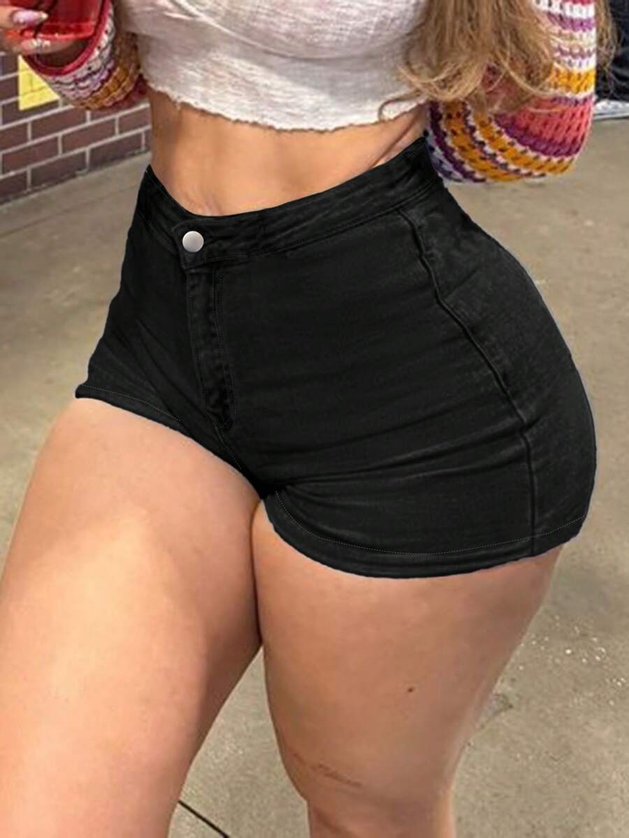 Women's Casual Black Straight Leg Denim Shorts With High Stretch Fabric And Pockets - Black - View 1
