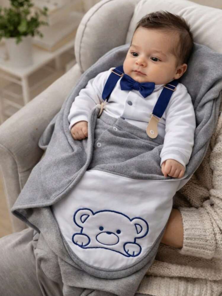 Baby Boy's Going-Home Outfit With Suspenders - 灰色 - 查看 6