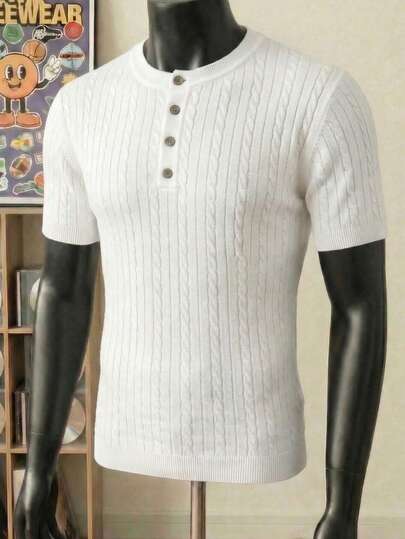 男士春夏针织短袖毛衣，纽扣装饰，休闲百搭，适合通勤