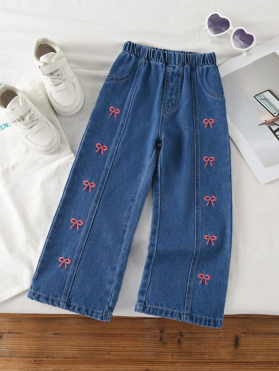 1 chiếc quần jeans ống loe màu xanh dương dễ thương thêu nơ hồng cho bé gái, kiểu dáng thường ngày, đa năng. - Rửa trung bình - Xem 1