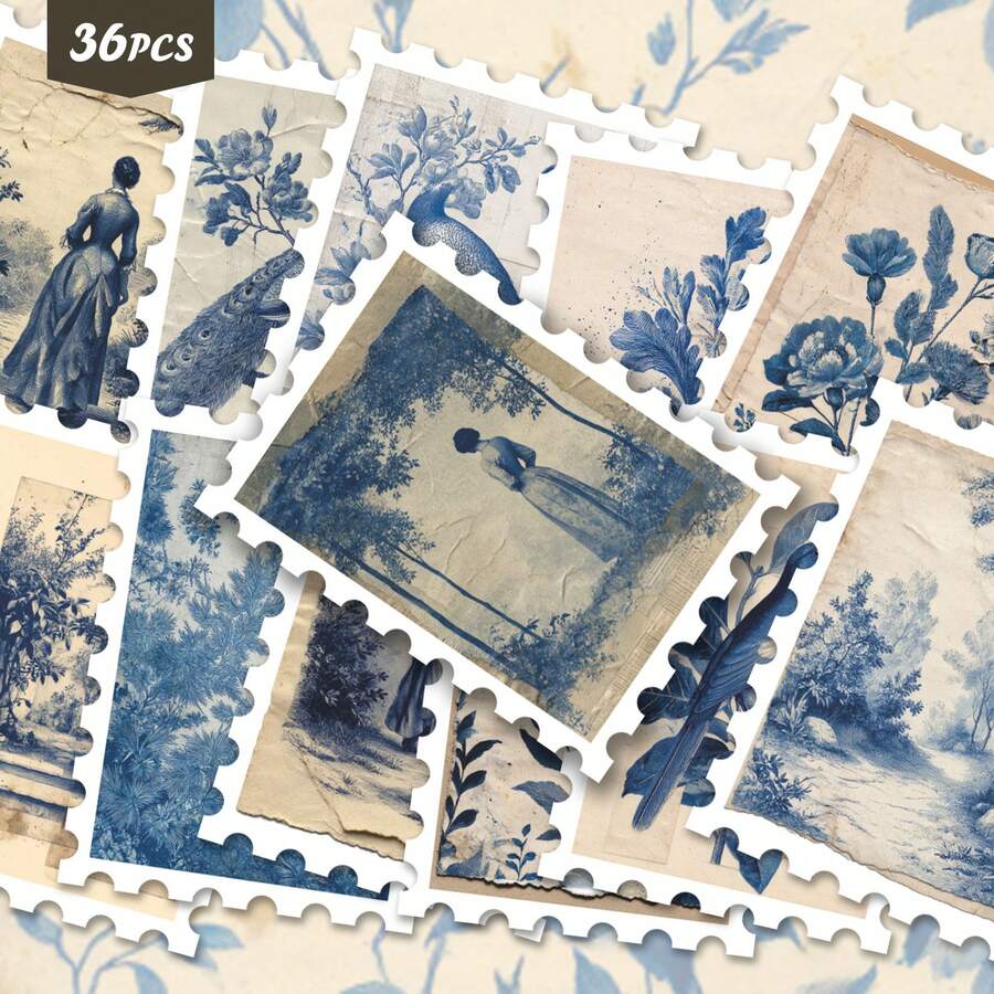 36pcs Blue Natural Illustration Healing Stickers | Fresh Plant And Bird Pattern Vinyl Stickers | Suitable For Phones, Water Bottles And Gifts | Perfect For People Who Like Style And Peaceful Atmosphere - Rectangle - View 1