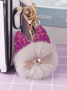 可爱猫耳毛绒球钥匙扣，带闪亮耳朵 - 猫咪爱好者的包包挂饰 - 彩色 - 查看 4