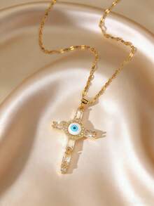Vintage Devil's Eye Cross Necklace, Colorful Rhinestone Inlaid Delicate Choker, Luxury Lightweight Necklace - Multicolor - View 14
