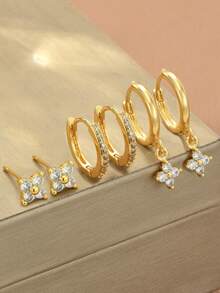 6 pièces Ensemble de pendants d'oreilles à cerceaux avec trèfle à quatre feuilles minimaliste et fleur à quatre pétales, bijoux en zircone cubique, polyvalent pour les sorties, les vacances, le port quotidien, les cadeaux de couple, les fêtes - Or jaune - Voir 3
