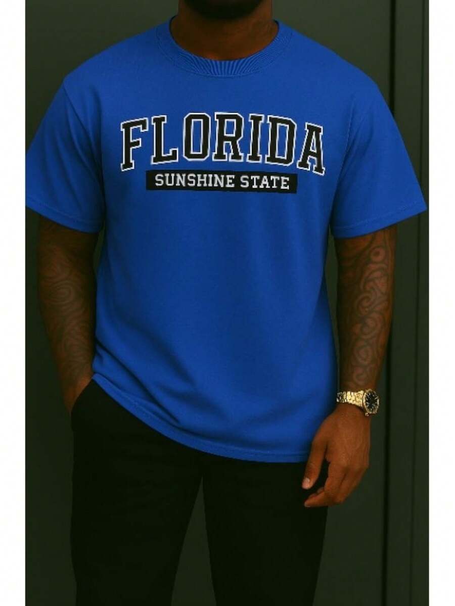 Camiseta Masculina Algodão Estilo Streetwear Florida Camiseta Unissex Estilosa - Azul Royal - Visão 1