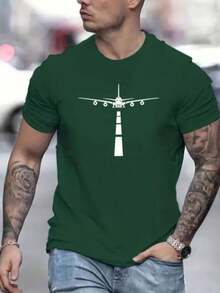 Men's Round Neck T-Shirt With Airport And Airplane Print Casual Short Sleeve Top 100% Cotton New Arrival - 軍綠色 - 查看 2