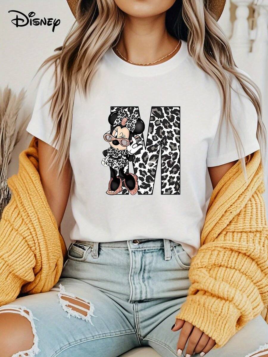 Disney Women'S Casual Summer Short Sleeve T-Shirt | Leopard Print Minnie Mouse & Bold Letter M Graphic, Vibrant Purple, Machine Washable, Fashion, Playful Design, Durable Print - 白色 - 查看 1