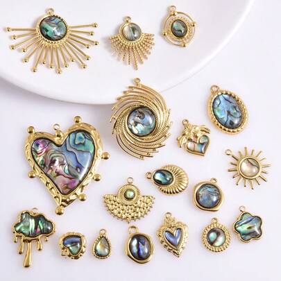 2个天然鲍鱼壳吊坠，高品质304不锈钢，复古时尚心形、太阳、水滴造型，珠宝制作材料，18K镀层，适用于项链、耳环、海滩、海洋主题、DIY装饰，男女通用