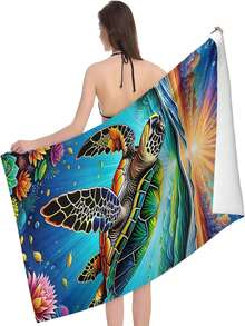 柔软吸水超细纤维沙滩巾，海龟图案 - 大号，夏季防晒好帮手，可机洗，图案精美，圣诞节理想之选 - A - 查看 1