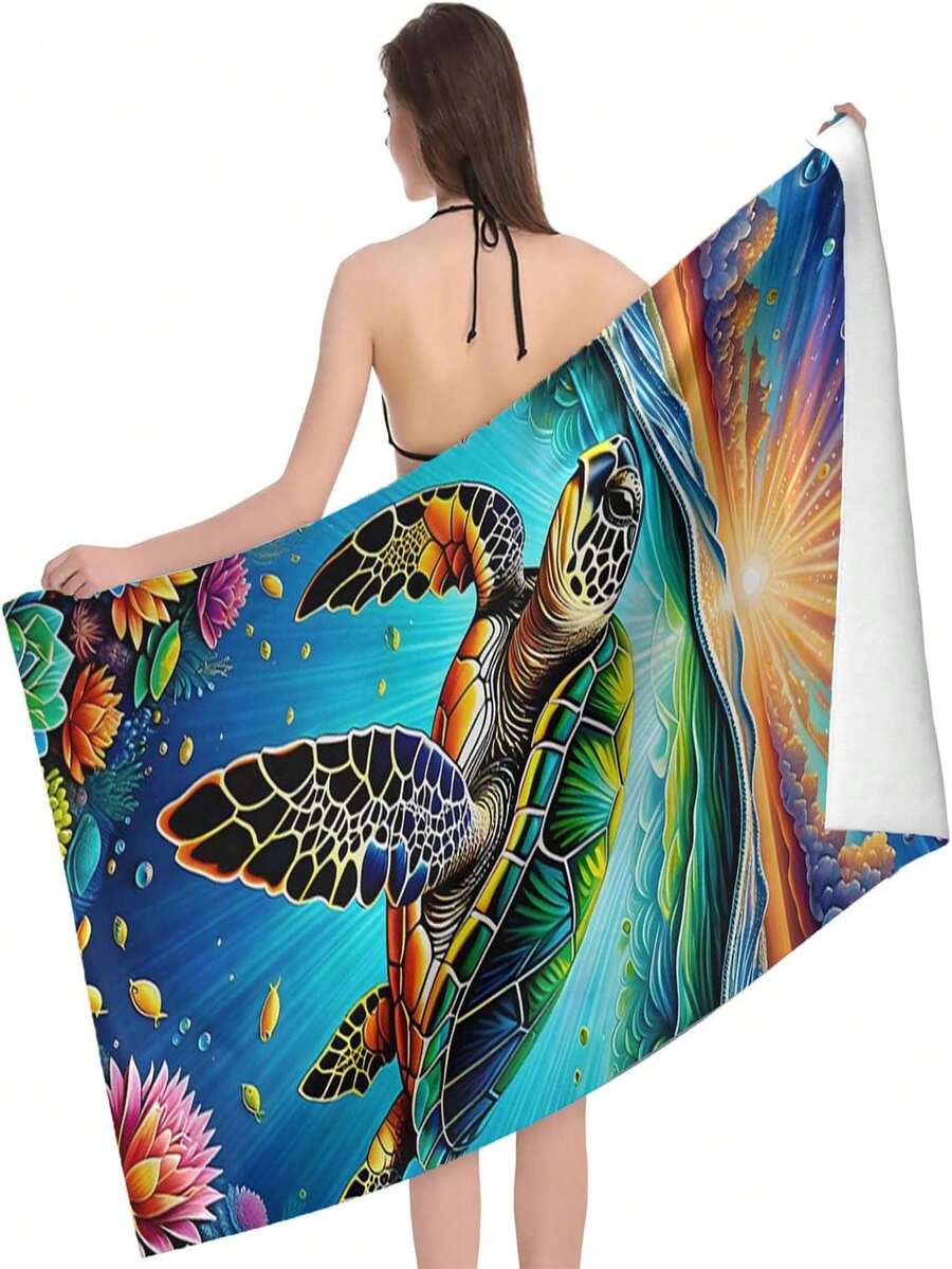 柔软吸水超细纤维沙滩巾，海龟图案 - 大号，夏季防晒好帮手，可机洗，图案精美，圣诞节理想之选 - A - 查看 1