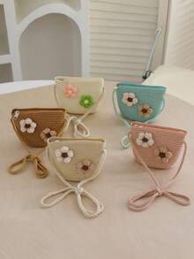 Children's Straw Bag, Cute Girls' Shoulder Crossbody Bag, Beach Woven Bag, Spring/Summer - 2 Flowers - View 1