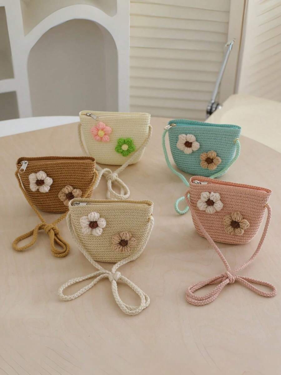 Children's Straw Bag, Cute Girls' Shoulder Crossbody Bag, Beach Woven Bag, Spring/Summer - 2 Flowers - View 1