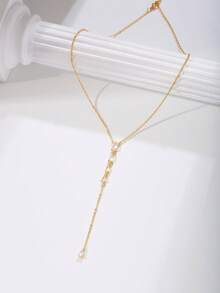 Nooxian 1pc Women's Necklace, Exquisite Bling Bling Copper Inlaid Zirconia Heart-Shaped Tassel Y-Shaped Long Necklace, Suitable For Daily Deep V Dress, Party Accessories, Gift - Gold - View 5