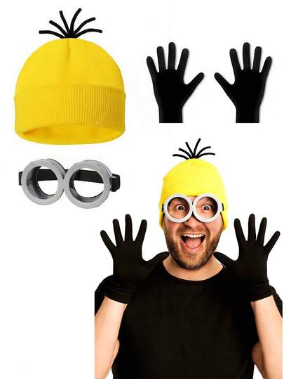 3pcs Yellow Knit Hat + Glasses + Black Gloves Set, Suitable For Halloween, Christmas, Cosplay, Valentine's Day, Stage Performance, Party, Easter, Carnival
