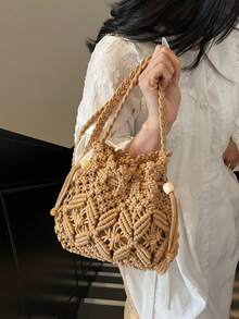 Handmade Woven Women's Bucket Bag, Fashion Versatile Drawstring Lock Closure Crossbody Bag For Ladies - Khaki - View 2