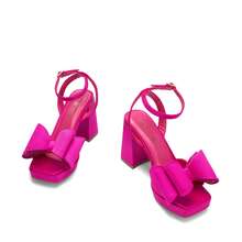 Women Chunky Platform High Heeled Sandals, Fashion Bow Knot Ankle Strap Heeled Sandals, Open Square Toe Summer Sandals For Prom, Party, Wedding - Hot Pink - View 6