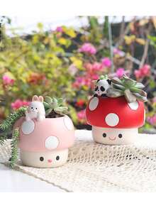 Süßer Pilz-Blumentopf mit Tierfigur, Sukkulenten-Topf für Zimmerpflanzen, Kawaii Raumdekoration für Schreibtisch, Regal, Badezimmer, Büro, Boho Wohnaccessoire, Geschenk für Pflanzenfans, Frauen, Frühlingsgarten Dekoration, ästhetische Schlafzimmer- & Kinderzimmer-Dekoration - A - Übersicht 8