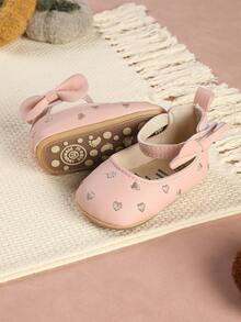 1 par de zapatos planos de niña con diseño de lazo, corazón y flor, de punta redonda, versátiles para primavera y otoño - Rosa - Ver 1