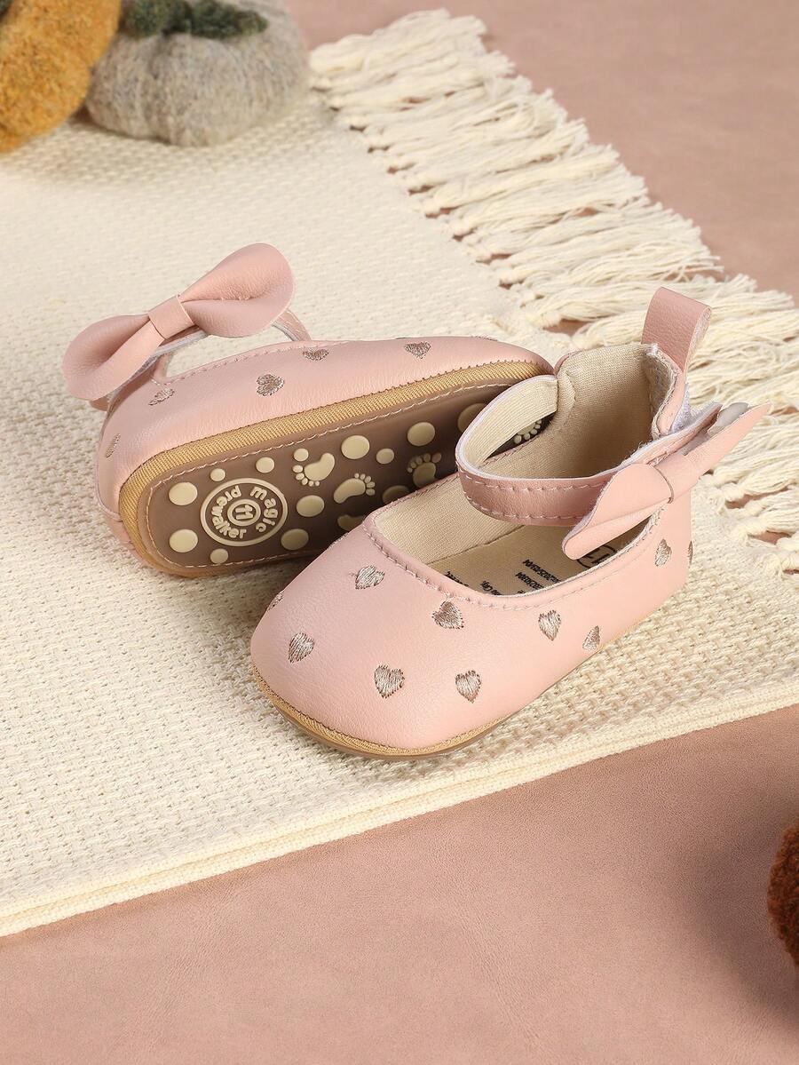 1 par de zapatos planos de niña con diseño de lazo, corazón y flor, de punta redonda, versátiles para primavera y otoño - Rosa - Ver 1