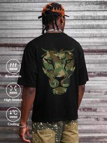 Camvyn Men's Casual Fashionable Street Printed Drop Shoulder Loose Breathable Short Sleeve T-Shirt, Summer - Black - View 1