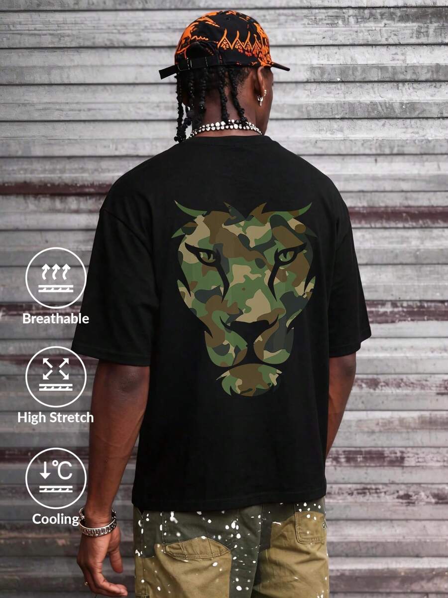 Camvyn Men's Casual Fashionable Street Printed Drop Shoulder Loose Breathable Short Sleeve T-Shirt, Summer - Black - View 1