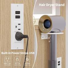 Escritorio de vanidad acanalado con espejo LED iluminado 3 colores 2 cajones toma de corriente puertos USB secador de pelo vestidor madera ligera moderna dormitorio niñas mujeres roble natural alta capacidad multifunción enchufe de pared diseño elegante - Roble natural - Ver 6