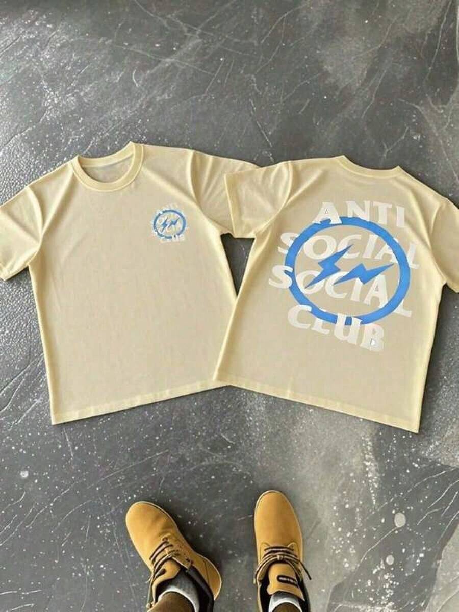 Anti Social Club Lightning Bolt 1pcs Men's 100% Cotton Tee Streetwear Double Sided Digital Printed 220g T Shirt Casual Style Graphic TopXE001 - Apricot - View 1