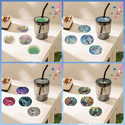 4 piezas Kits de Pintura de Diamantes, Patrones de Pájaros y Búhos, Pintura de Mosaico de Gemas con Forma Asimétrica - Material Acrílico - Compacto y Portátil, Práctico y Reutilizable