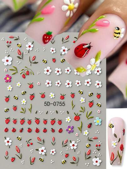 1pc 5D Embossed Cute Ladybug Daisy Design Nail Art Stickers Strawberry & Flower Bee Nail Decals Self-Adhesive Spring Nail Decor For Women Nail Salon