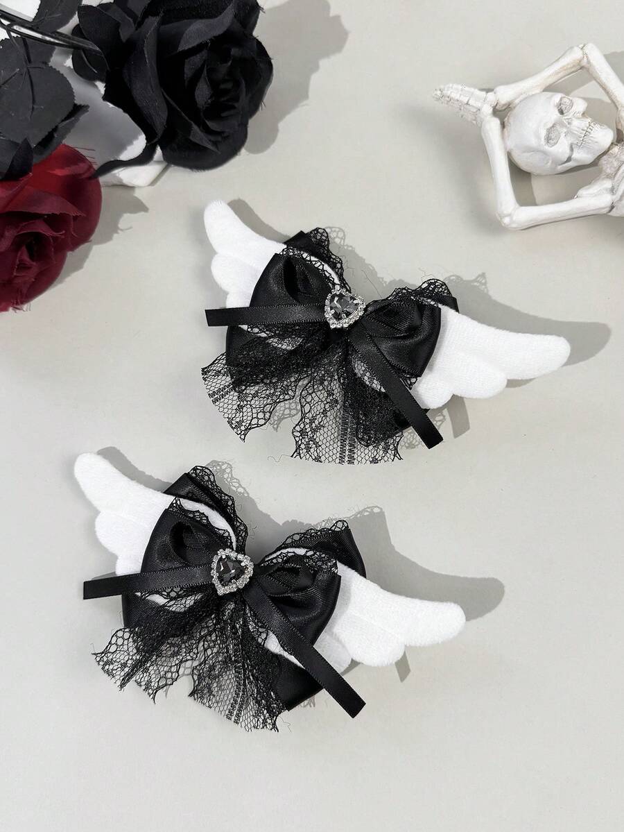2件套哥特风蕾丝缎带深色水钻心形翅膀发饰，适合节日装扮和哥特爱好者日常佩戴，发夹，爪夹 - 黑色 - 查看 1