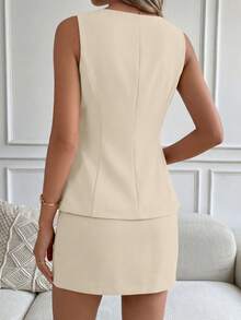 Women 2 Piece Outfits Button Up Sleeveless Blazer Vest Tops Mini Skirt Sets Casual Summer Vacation Office Dating Matching Set - 米色 - 查看 2