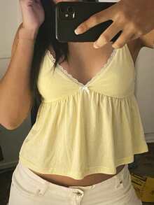 阳光少女风女士夏季Y2K蕾丝边蝴蝶结装饰吊带背心，黄色休闲衬衫，适合街头、约会、办公室和居家穿着 - 黃色 - 查看 8