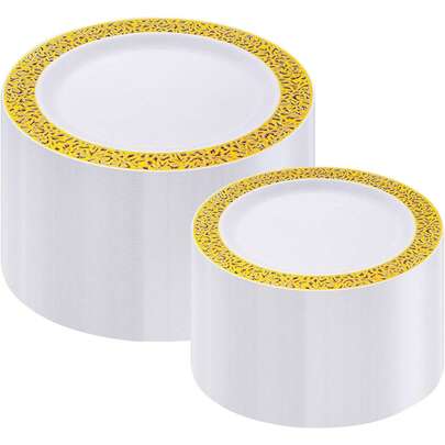 50/25/7/1 Pcs White Hollow Gold Rimmed Plates, Salad Plates, Party Tableware, Trays, 10.25 Inch And 7.5 Inch Serving Platters, Suitable For Parties, Outdoor, Weddings, Restaurants
