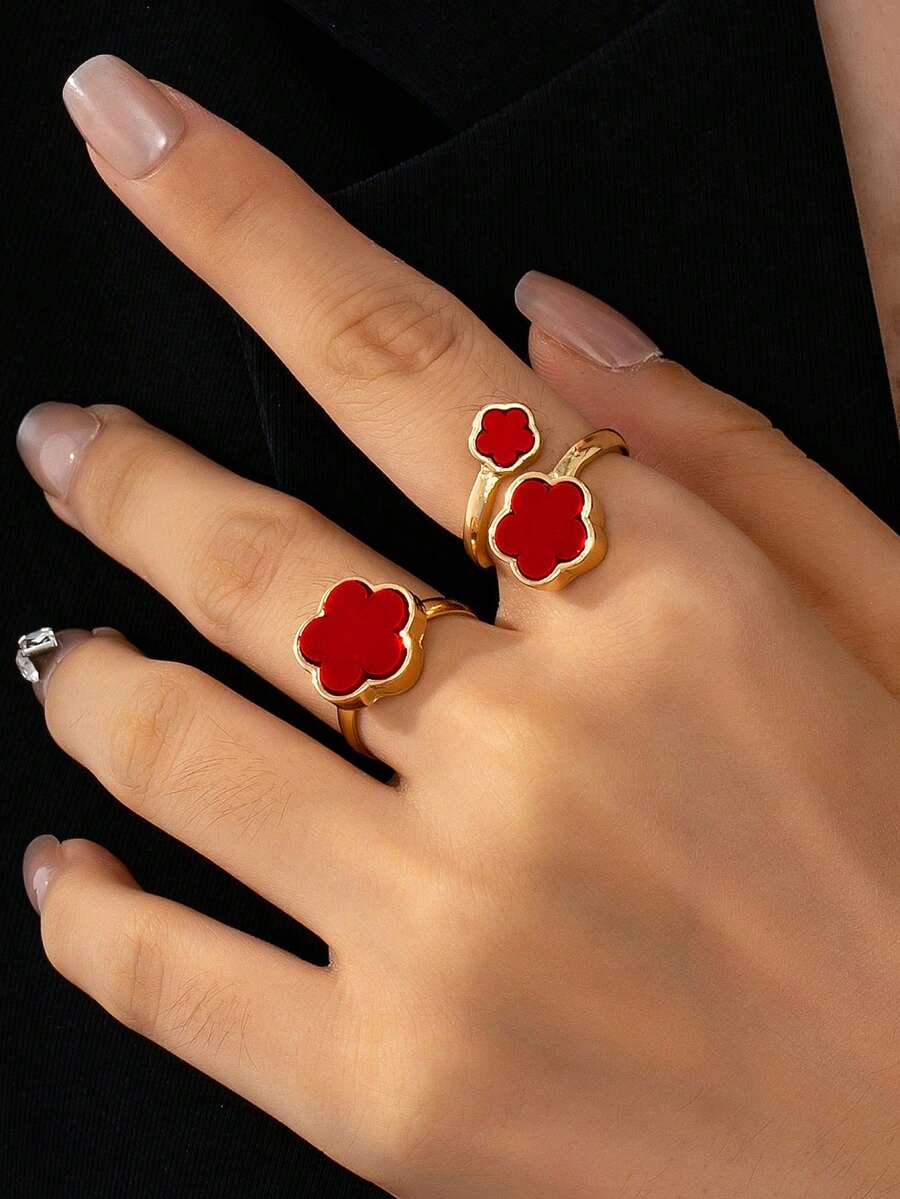 2pcs Fashionable Elegant Luxury High-End Classic Red Clover Ring Set, Suitable For Women, Flexible Stacking/Mixing - Red - View 1