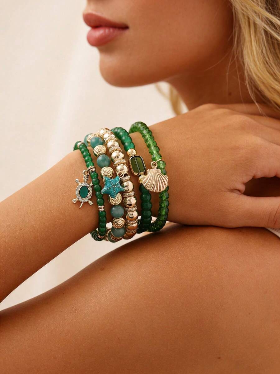 5pcs Bohemian Elegant Luxury Handmade Beaded Shell, Starfish, Crystal Turtle Pendant Elastic Stacking Bracelet Set, Suitable For Women, Beach, Party, Banquet, Perfect Gift, Casual Everyday Wear - Multicolor - View 1