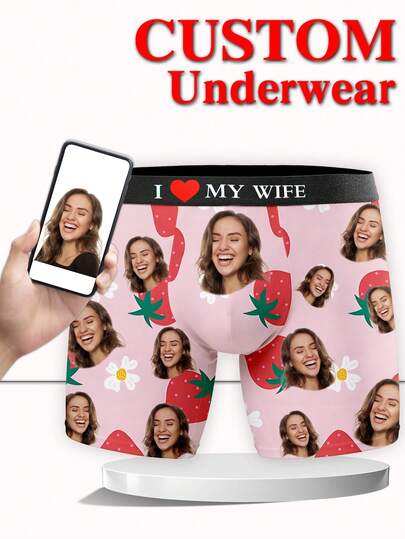 Customized Boxer Briefs For Men, Personalized Photo Print Men's Underwear With Strawberry Daisy Design, Husband's Exclusive Customized Boxer Briefs, Funny Expression Customized Boxer Briefs, Cute, Fun, Comfortable, Unique, Ideal Valentine's Day, Anniversary, Birthday, Wedding Gift For Boyfriend, Husband, Him, Perfect For Fitness Guys