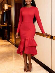 Women's Red Fitted Long Sleeve Dress With Tassel & Ruffle Hem, Elegant For Party, Cocktail, Wedding Guest - Red - View 2