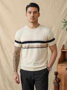 Men's Retro Style Crew Neck Short Sleeve Knit Sweater, Cream Color With Black And Light Brown Striped, Slim Fit - Champagne - View 1