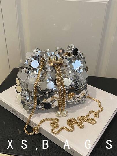 1pc Chain Drawstring Closure PVC Sequin Shiny Bucket Bag, Metal & Pearl Decor Glitter Colorful Women's Evening Party Shoulder Crossbody Lipstick Pouch, Fashion Gift, Suitable For Party & Formal Occasions (The Physical Properties Of The Item May Produce Slight Sounds, Please Purchase As Needed) , New Year ,Wedding , Valentines Gifts , Sequin