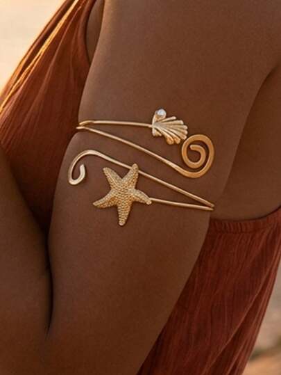 1pc Music Note & Starfish Open Cuff Bracelet, Women's Fashion Summer Body Jewelry Accessory Suitable For Street, Party, Beach, Daily Wear