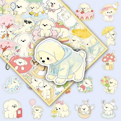 52pcs Cute Cartoon Puppy Spring Decorative Stickers For Water Cup, Guitar, Desktop