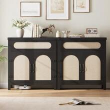29.9 Inch Rattan Buffet Cabinet With Storage, Kitchen Coffee Bar Cabinet With Doors And Drawer, Boho Farmhouse Sideboard With Adjustable Shelves For Living Room Dining - Black - View 3