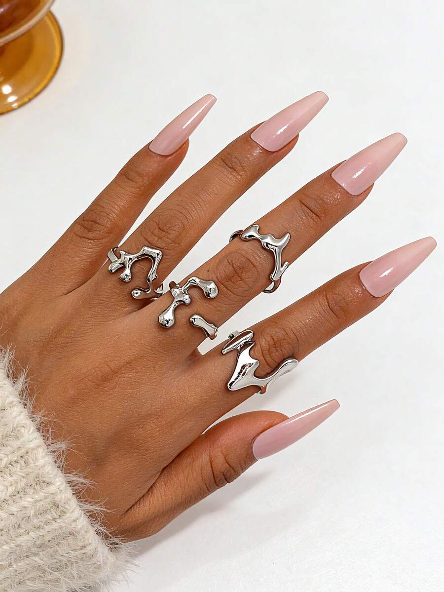 4pcs/Set Creative Water Drop Geometric Stackable Rings Set, Suitable For Women's Daily Wear, Party, Fashion Jewelry Gift - Silver - View 1