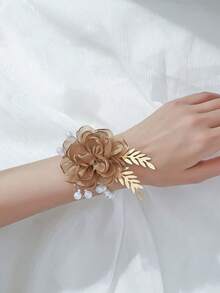 1 pieza/2 piezas Flor de rosa de color café con hoja de metal y cuentas, corsage y pulsera adecuados para novia, novio, damas de honor, padres para bodas, eventos, fiestas, aniversarios - marrón café - Ver 5