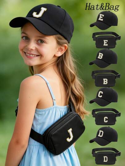 2 Pcs/Set Mesh Letter A-Z Baseball Cap & Adjustable Crossbody Bag For Kids Girls Fashion Team Sport Visors Snapback Caps Adjustable Strap - Travel Fanny Pack Crossbody Bags