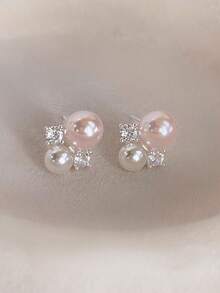 1 Pair French Style Crystal & Faux Pearl Stud Earrings, Versatile Fashion Earrings For Girls - Pink - View 1